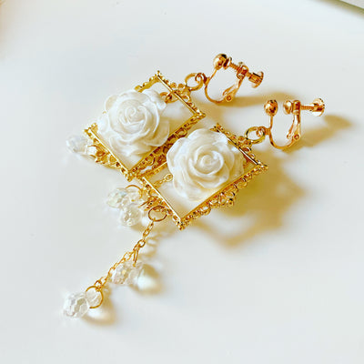 Framed White Rose Dangle Earrings