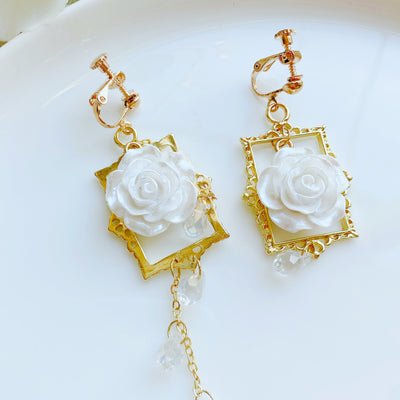 Framed White Rose Dangle Earrings