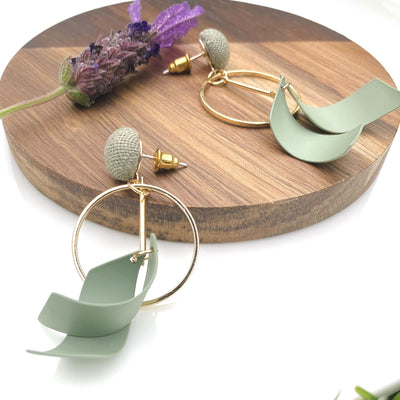 Green Ribbon Dangle Earrings with Lavendar