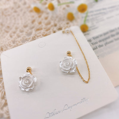 White Rose Stud Earrings with Pearl Ear Cuff 