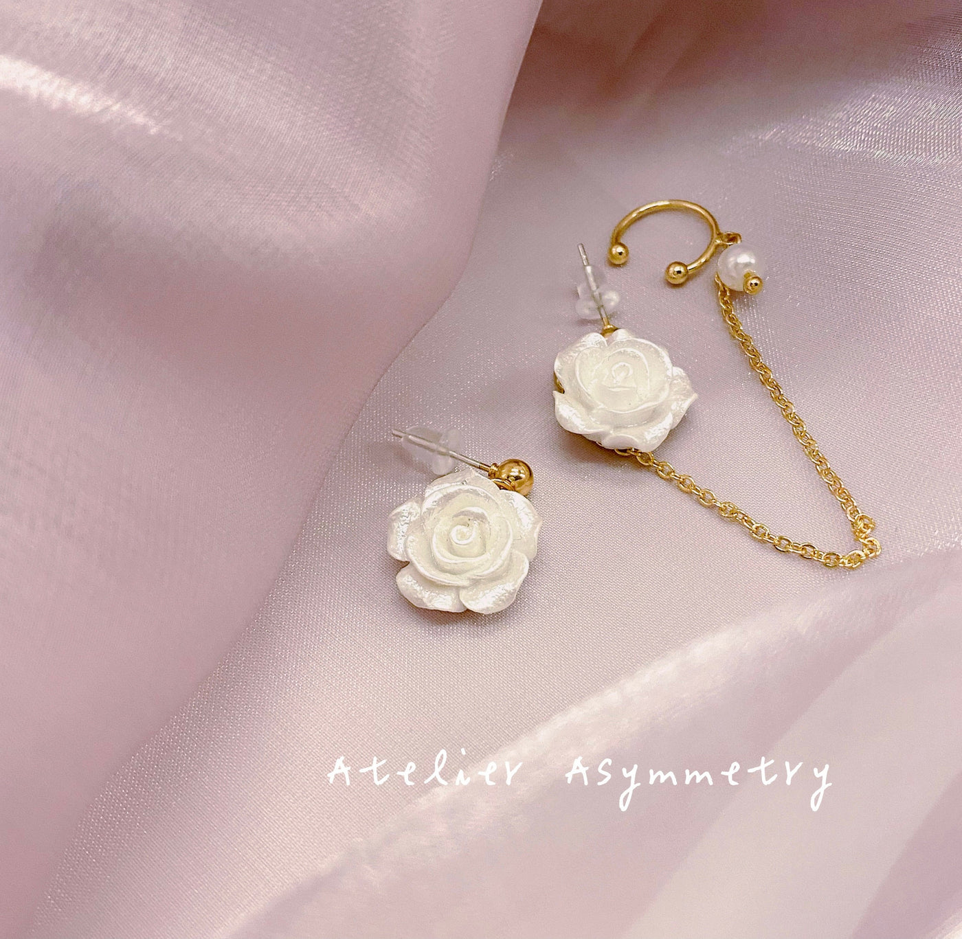 White Rose Stud Earrings with Pearl Ear Cuff 
