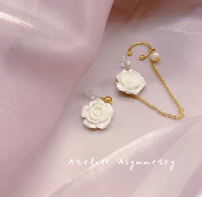 White Rose Stud Earrings with Pearl Ear Cuff 