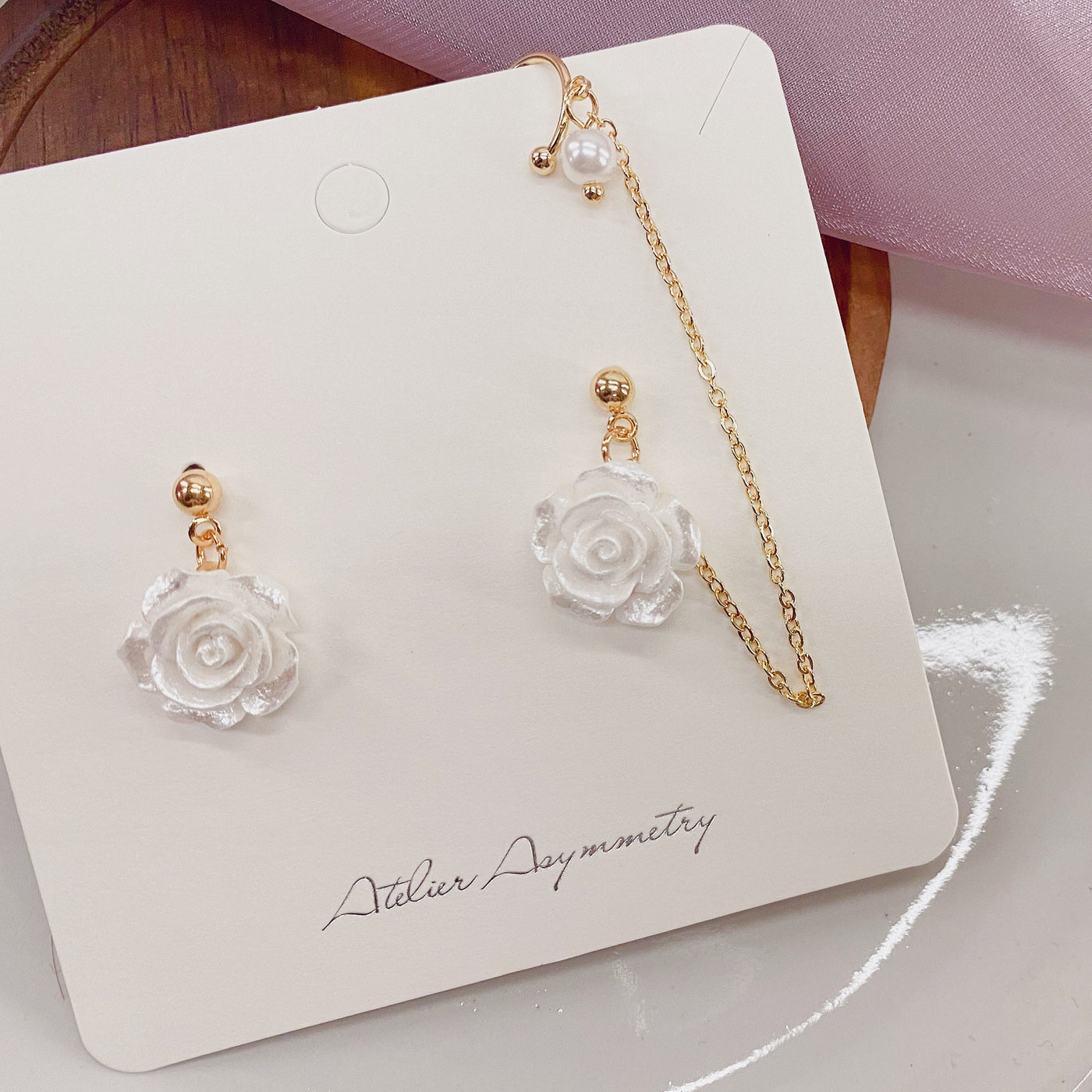 White Rose Stud Earrings with Pearl Ear Cuff 