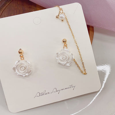 White Rose Stud Earrings with Pearl Ear Cuff 