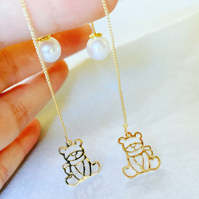 Gold Bear Threader Earrings with Pearl Closure 