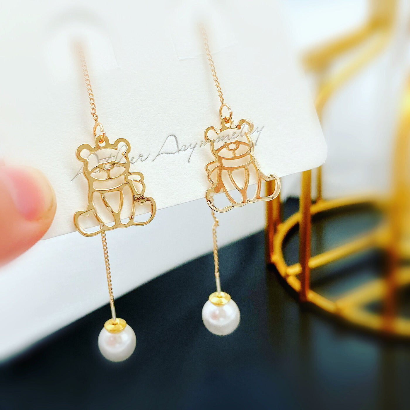 Gold Bear Threader Earrings with Pearl Closure 