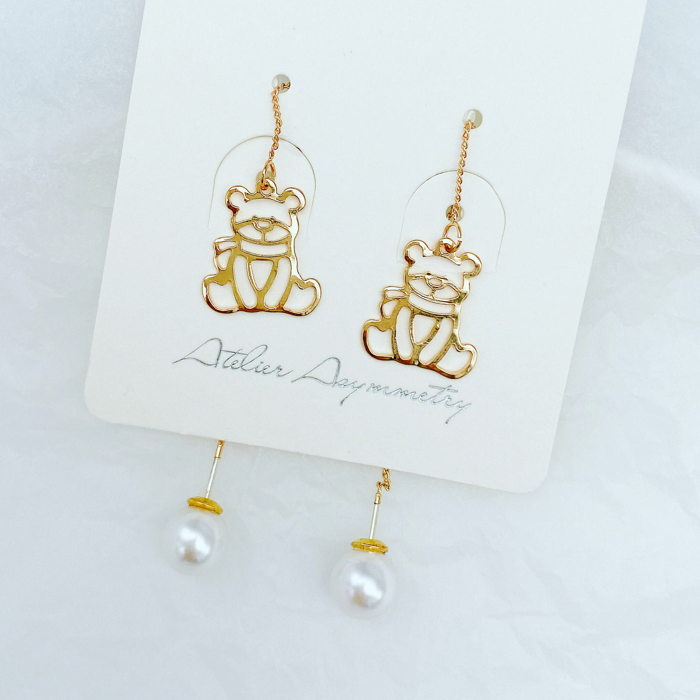 Gold Bear Threader Earrings with Pearl Closure 