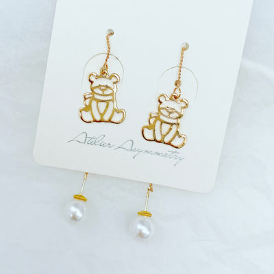 Gold Bear Threader Earrings with Pearl Closure 
