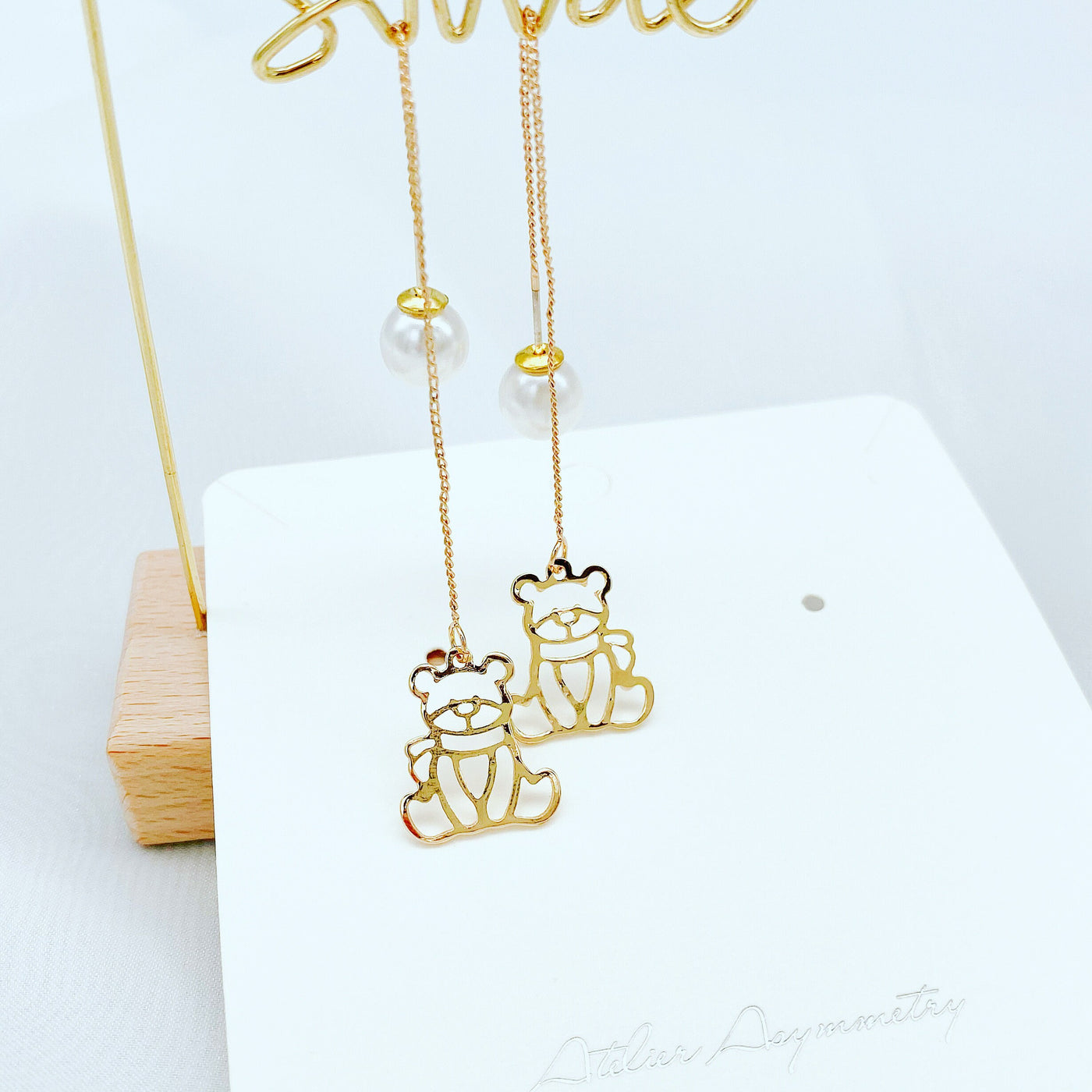 Gold Bear Threader Earrings with Pearl Closure 