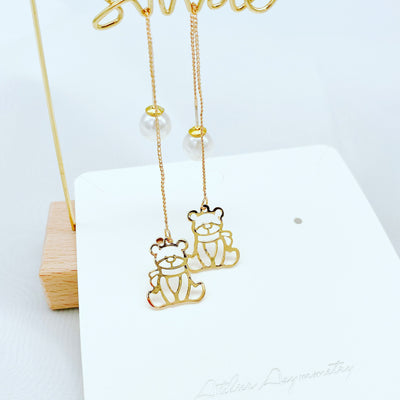Gold Bear Threader Earrings with Pearl Closure 