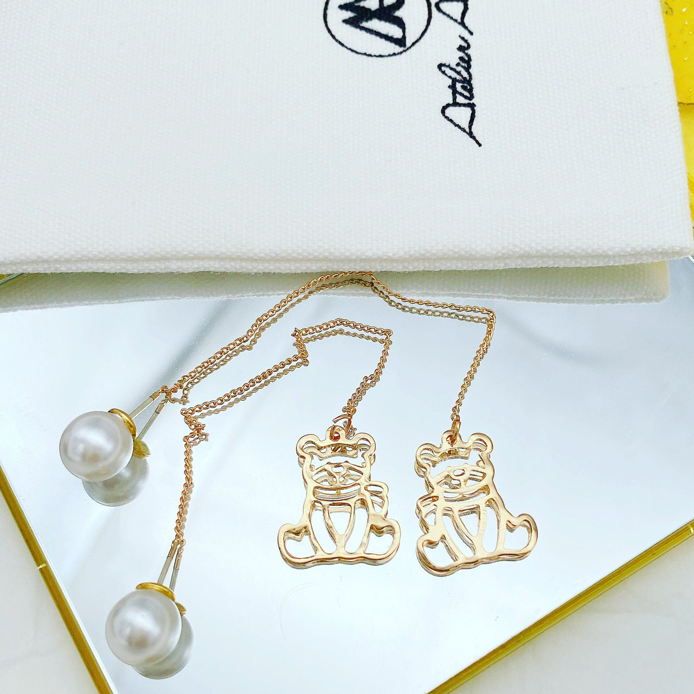 Gold Bear Threader Earrings with Pearl Closure 
