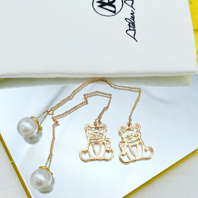 Gold Bear Threader Earrings with Pearl Closure 