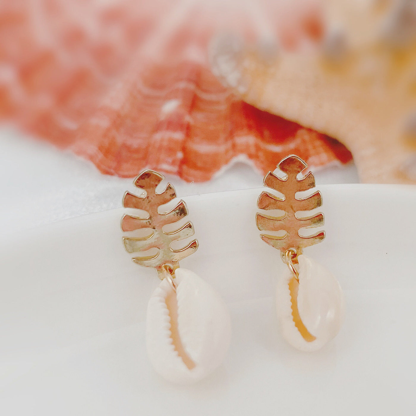 Gold Shell and Leaf Dangle Earrings 