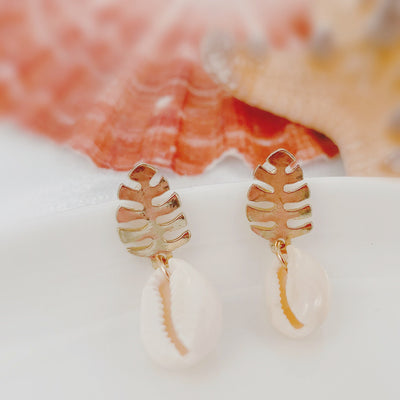 Gold Shell and Leaf Dangle Earrings 